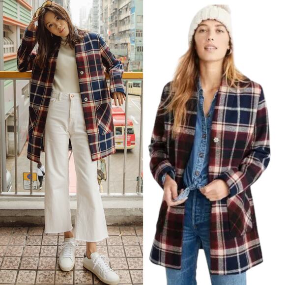 Abercrombie & Fitch Collarless Plaid Wool Blend Coat Blue Red Size XS - Picture 2 of 9